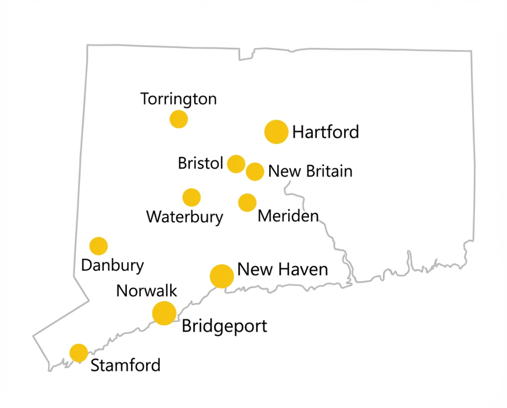 Map of Connecticut showing Aligned Elevator dispatch coverage
